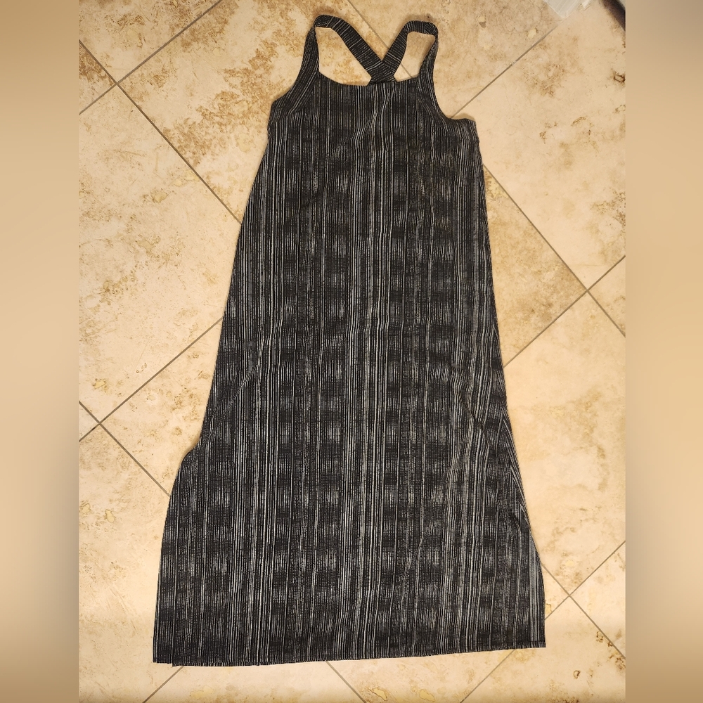 Athleta Black and Gray Striped Racerback Maxi Dress